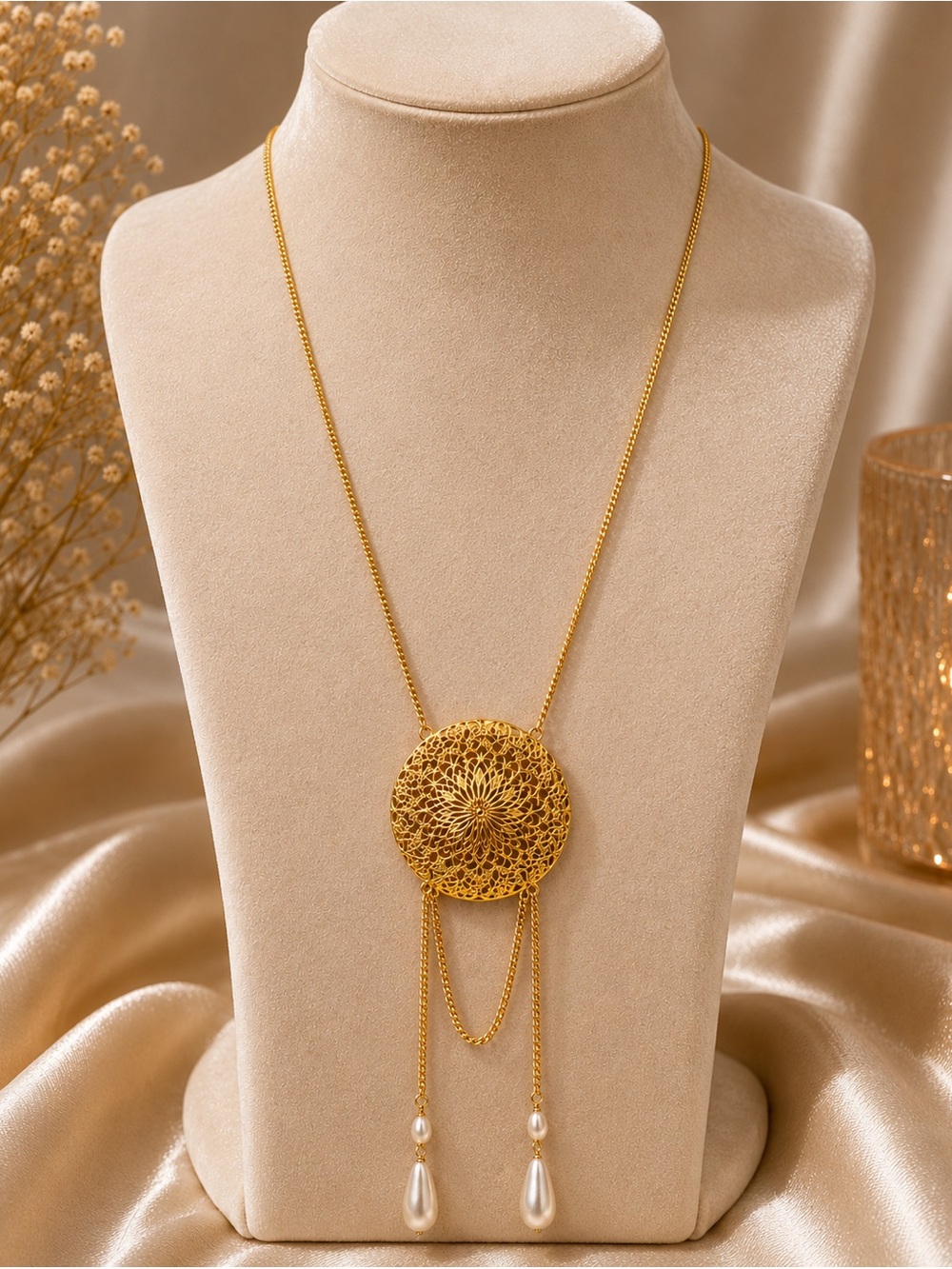 Gold Filigree Medallion Back Necklace with Pearl Drops - Women Jewelry